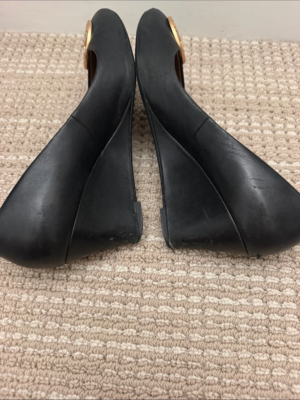 Tory Burch Black Leather Logo wedge with Gold